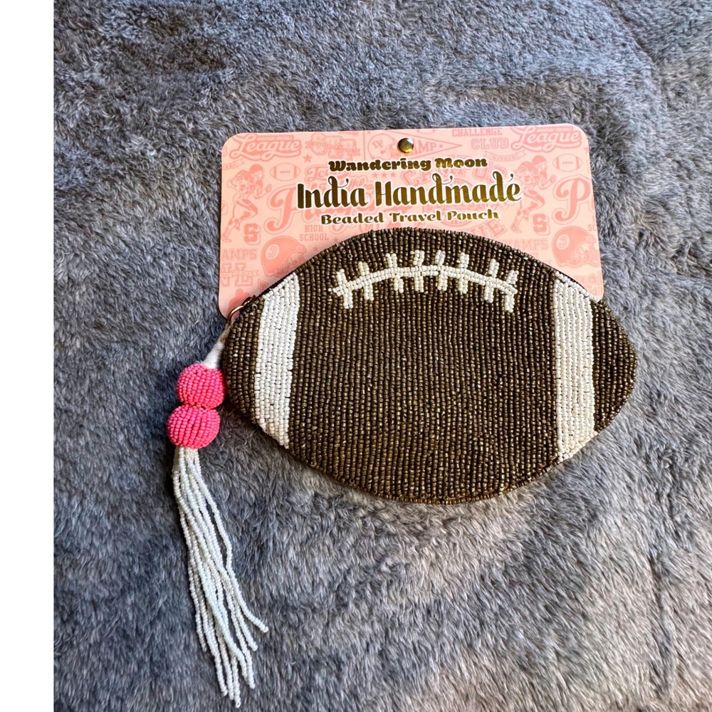 Wandering Moon India Handmade Football Beaded Travel Pouch Brown White Tassel